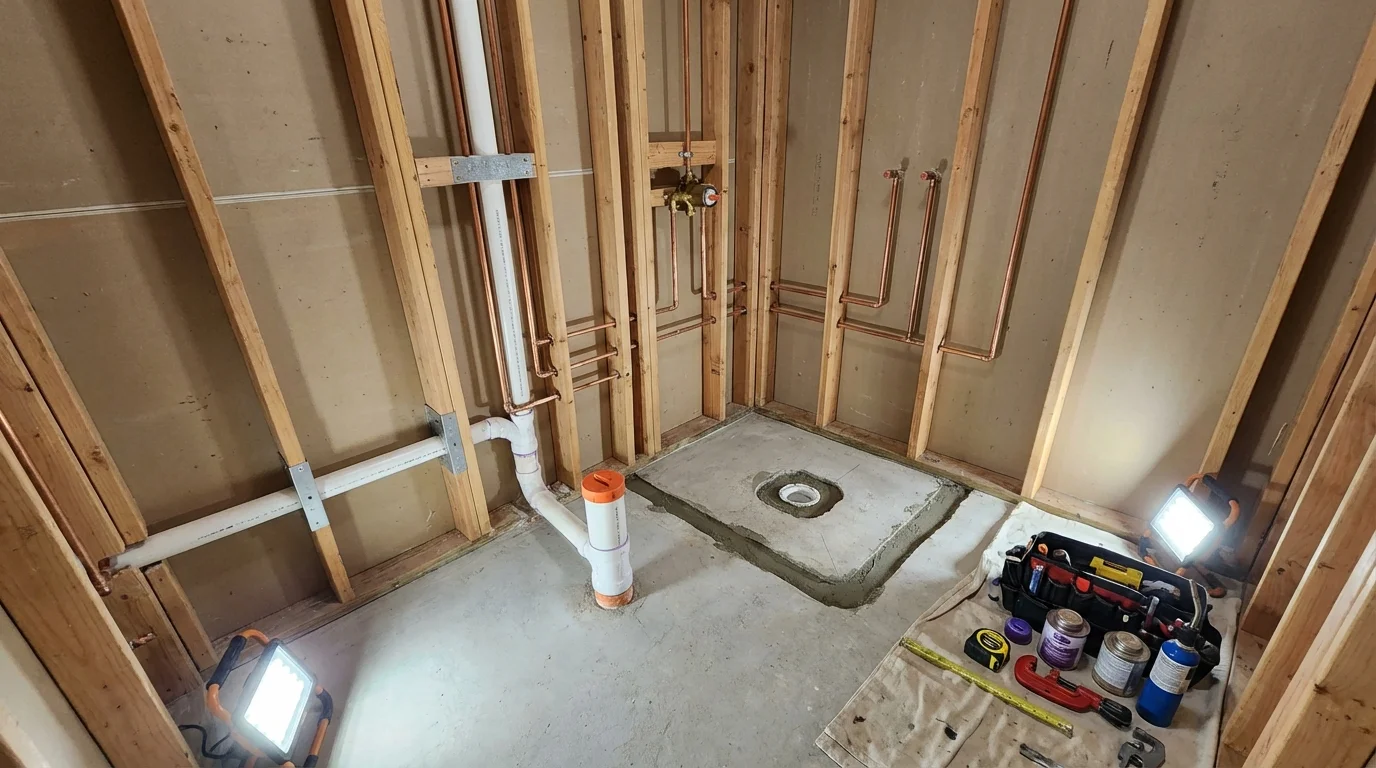 Bathroom rough-in plumbing during remodel by Johns Plumbing LLC in Tiverton
