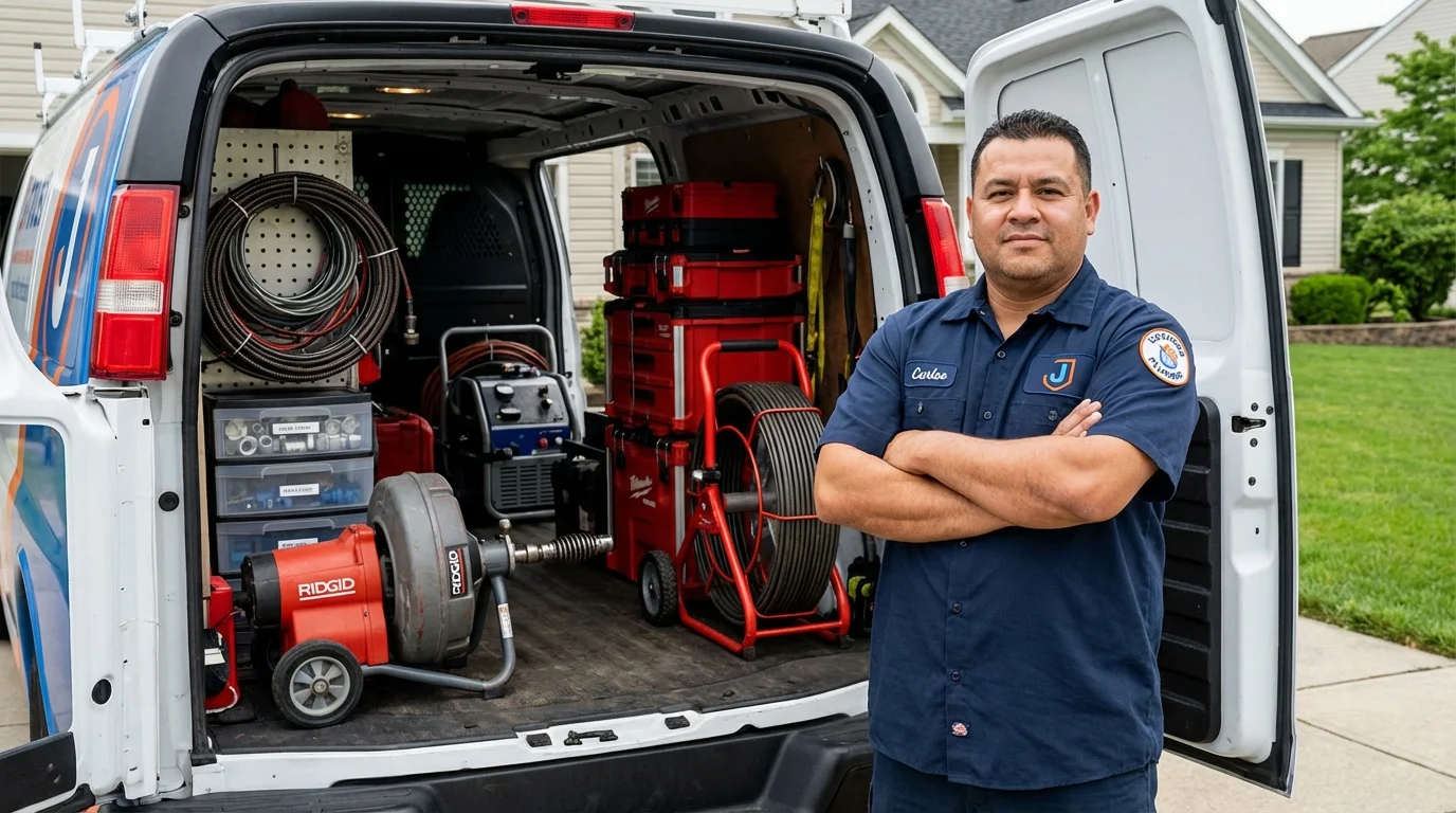 Professional drain cleaning equipment and Johns Plumbing LLC plumber in Tiverton