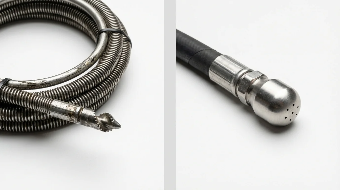 Drain snake cable and hydro jetting nozzle used for drain cleaning in Tiverton, RI
