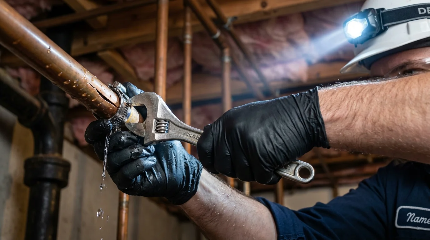 Emergency pipe clamp repair being performed by a Johns Plumbing LLC plumber in Tiverton