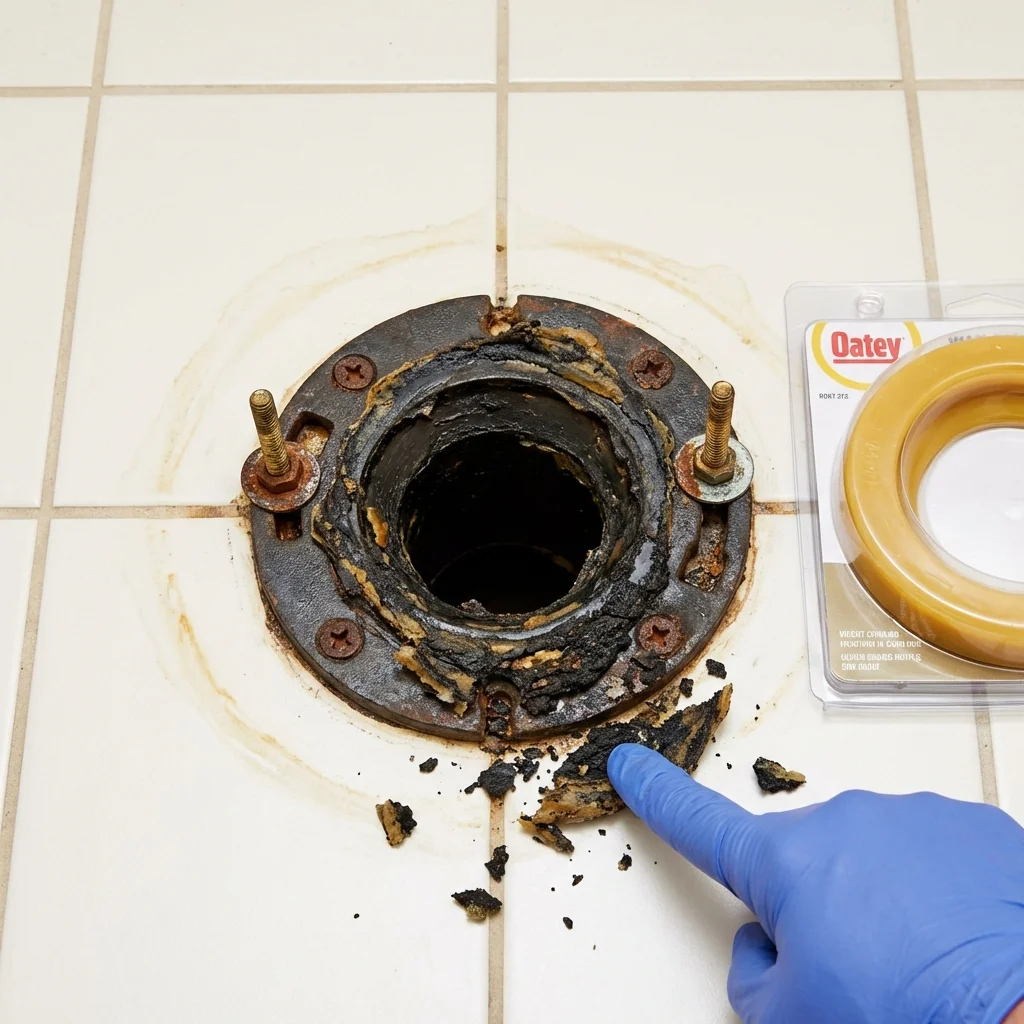 Failed wax ring showing water seepage at the base of a toilet in a Tiverton, RI home