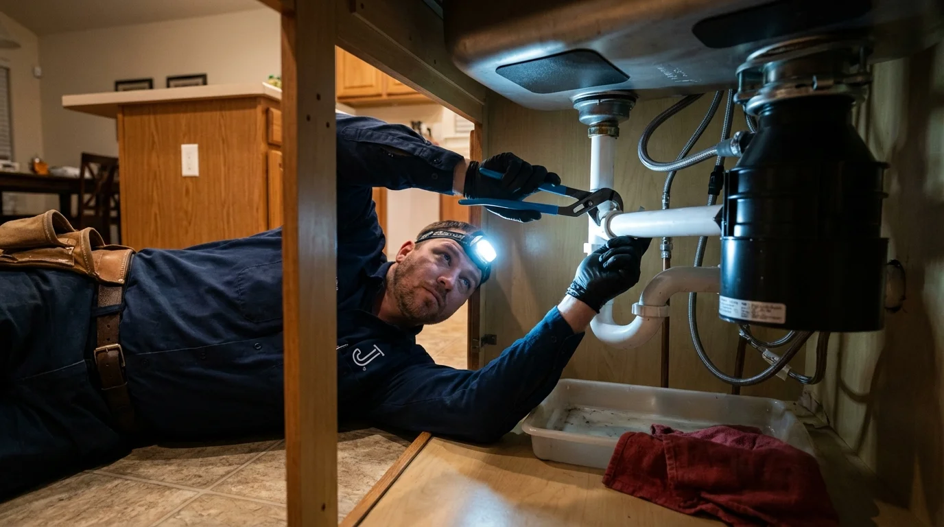 P-trap and supply line connections under a kitchen sink showing a common leak point in Tiverton, RI
